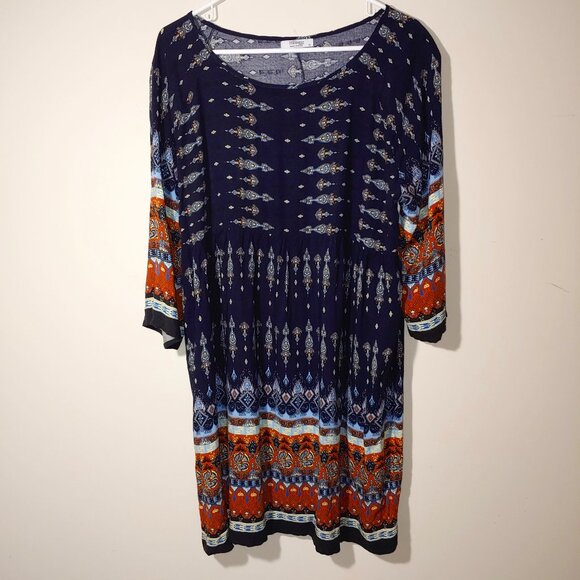 Meanor Boho Empire Waist Floral Pleated Midi Dress Size XL NAVY LUE - Picture 1 of 7